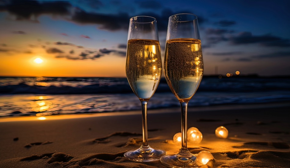Fogos de artifício iluminando a praia de Novo Prado durante o Réveillon em Prado, Bahia, com falésias coloridas ao fundo